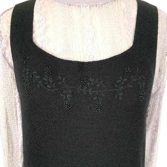 DKNY Women Vintage Wool Black Sleeveless Beaded Sweater Dress Whimsigoth Small - Picture 2 of 8